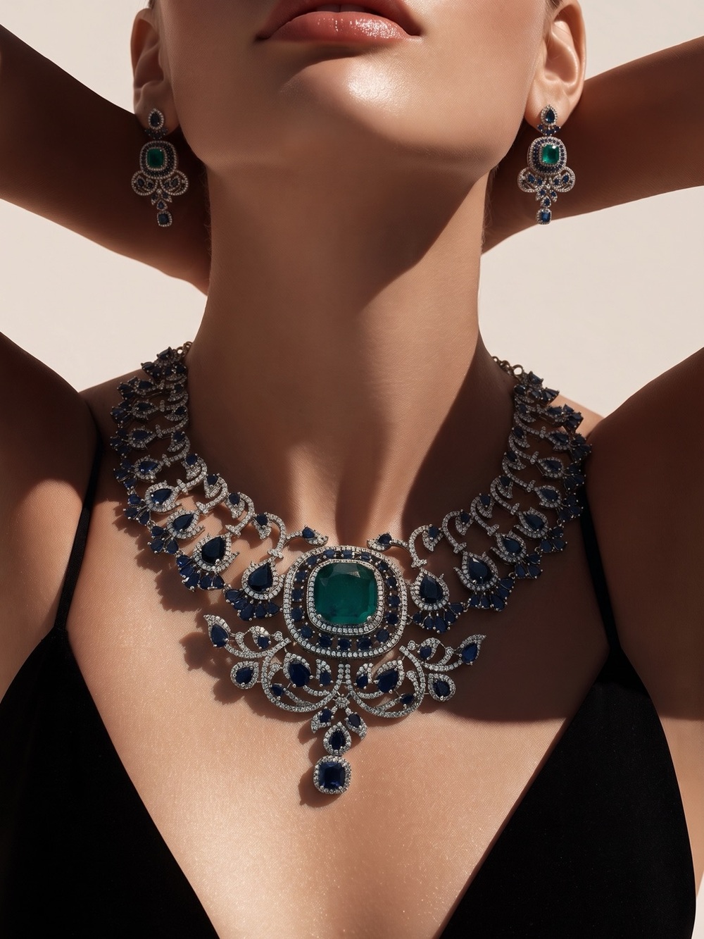 Luxury Emerald & Blue Statement Necklace and Earring Set